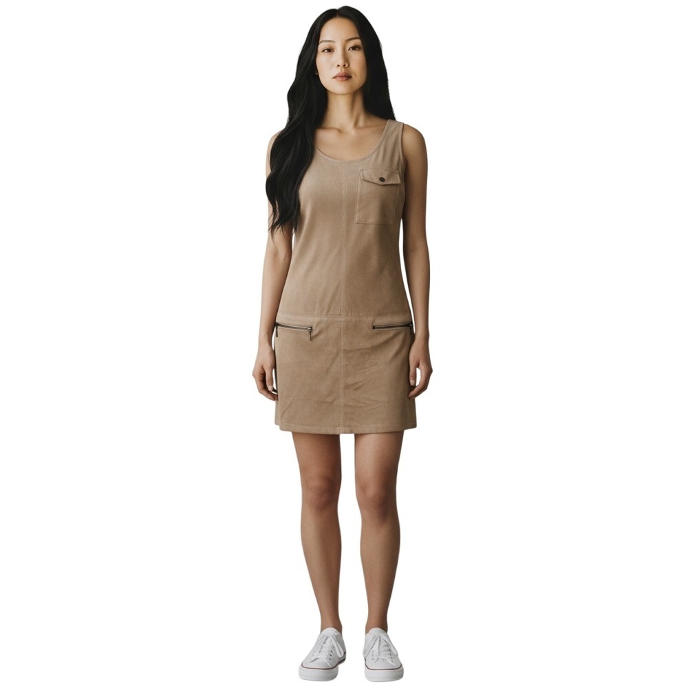 Guess micro suede biege tan sleeveless mini dress lined zippered pockets sz 4